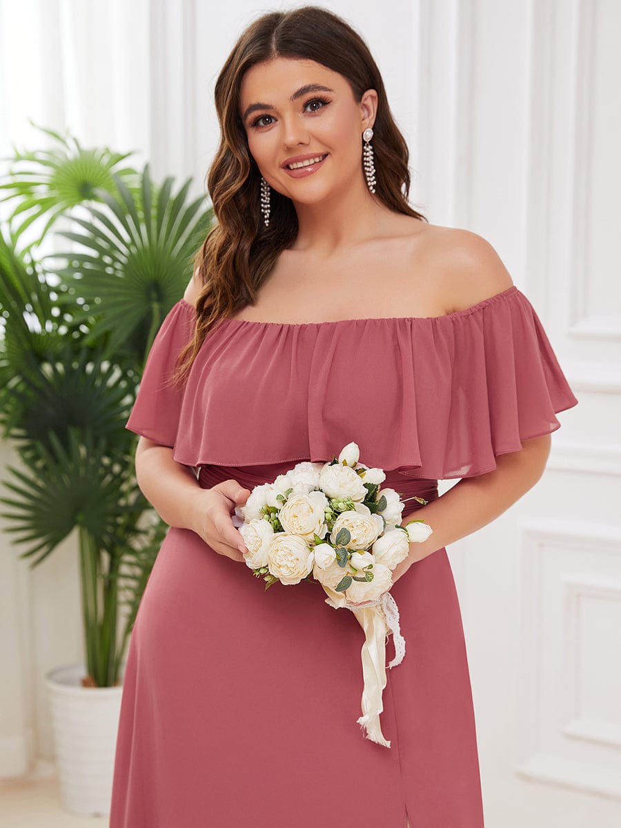 Ruffle Off-Shoulder Side Slit Long Chiffon Bridesmaid Dress #Color_Cameo Brown