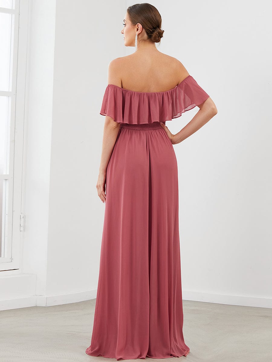 Ruffle Off-Shoulder Side Slit Long Chiffon Bridesmaid Dress #Color_Cameo Brown