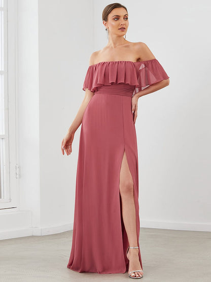 Ruffle Off-Shoulder Side Slit Long Chiffon Bridesmaid Dress #Color_Cameo Brown