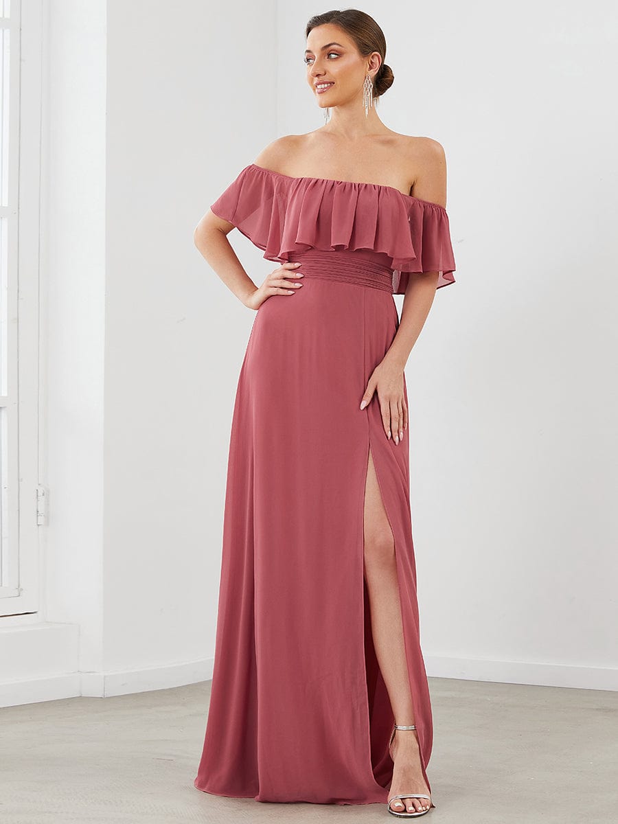 Ruffle Off-Shoulder Side Slit Long Chiffon Bridesmaid Dress #Color_Cameo Brown