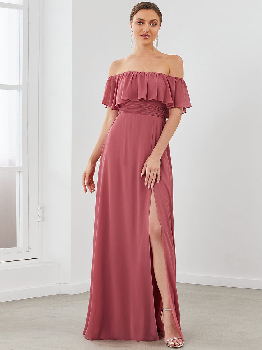 Ruffle Off-Shoulder Side Slit Long Chiffon Bridesmaid Dress #Color_Cameo Brown