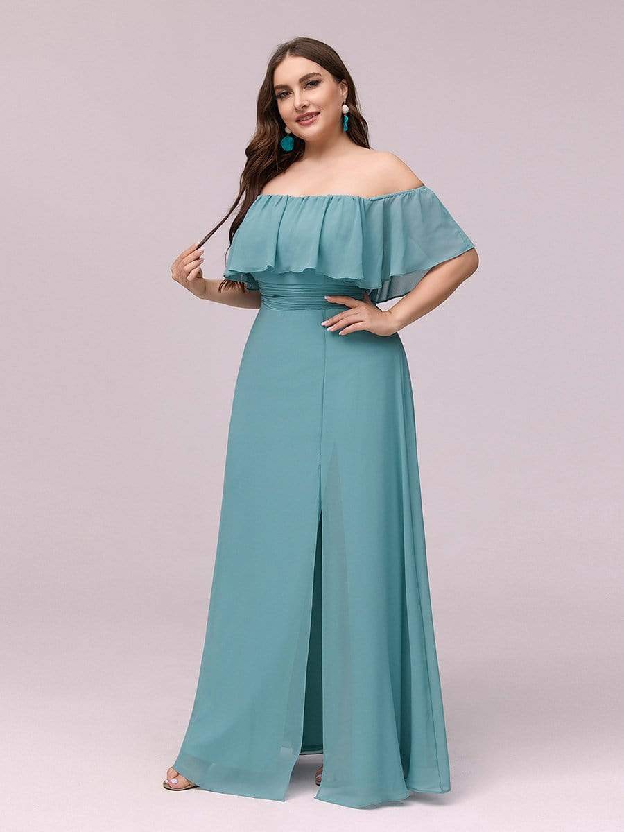 Plus Size Sexy Side Split Long Chiffon Formal Dresses #Color_Dusty Blue