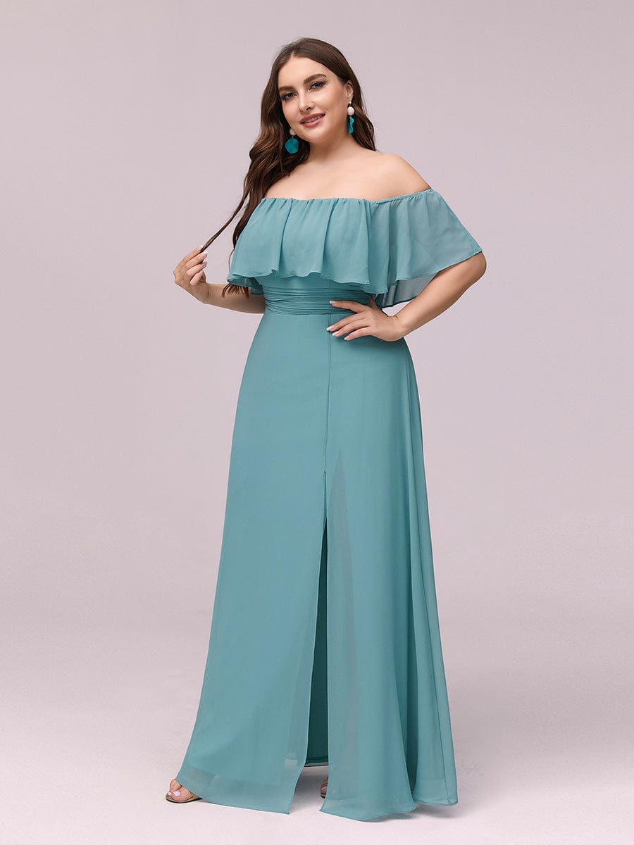 Custom Size Chiffon Ruffle Off Shoulder Thigh Split Bridesmaid Dresses #color_Dusty Blue