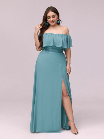 Custom Size Chiffon Ruffle Off Shoulder Thigh Split Bridesmaid Dresses #color_Dusty Blue