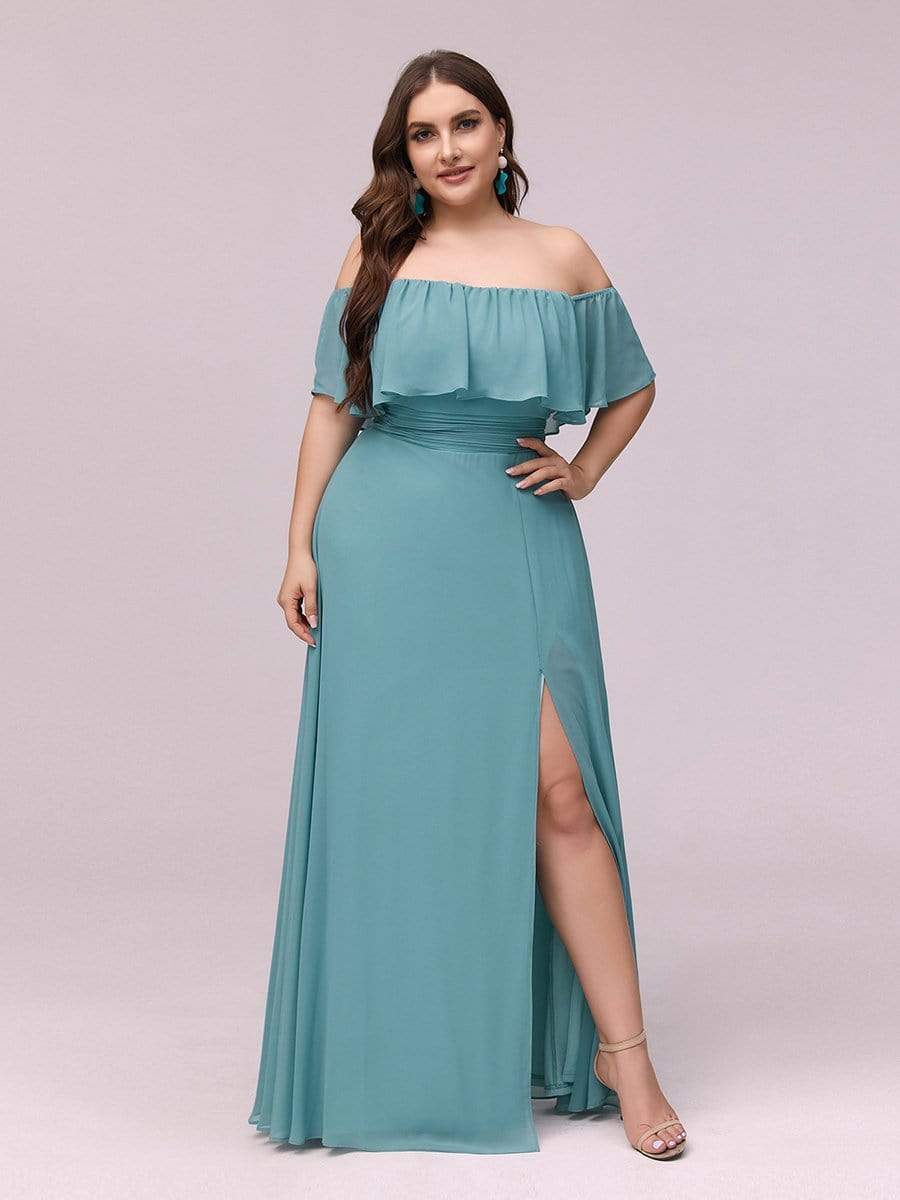 Women's Off Shoulder Ruffle Thigh Split Bridesmaid Dresses #Color_Dusty Blue