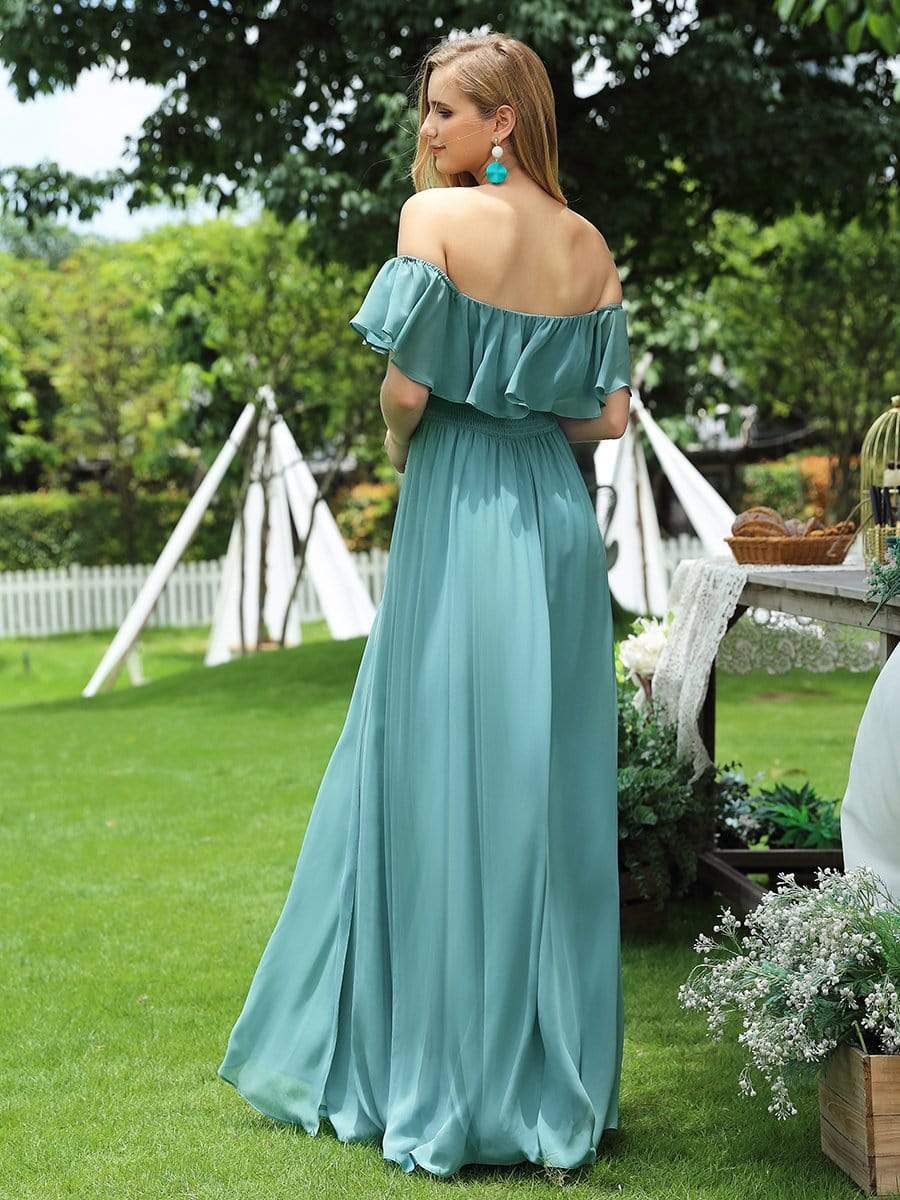 Women's Off Shoulder Ruffle Thigh Split Bridesmaid Dresses #Color_Dusty Blue