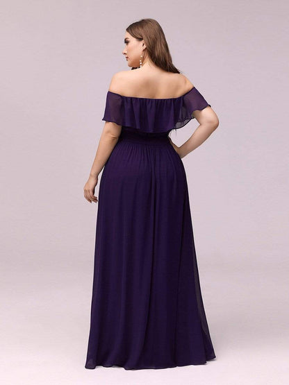 Women's Off Shoulder Ruffle Thigh Split Bridesmaid Dresses #Color_Dark Purple