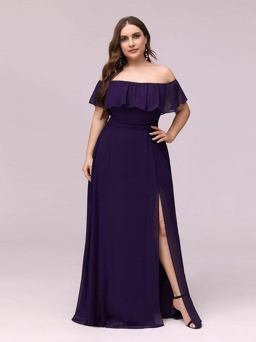 Women's Off Shoulder Ruffle Thigh Split Bridesmaid Dresses #Color_Dark Purple