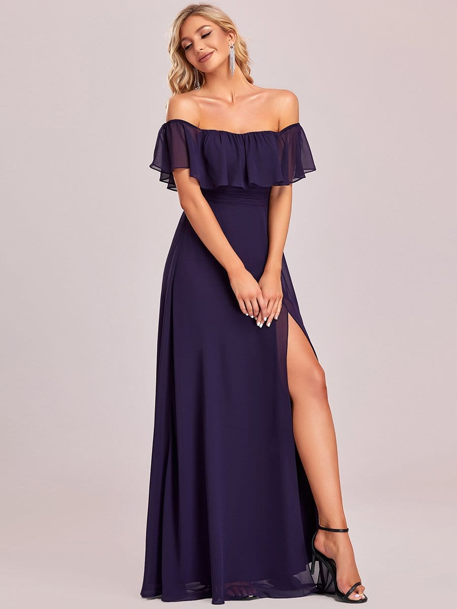 Women's Off Shoulder Ruffle Thigh Split Bridesmaid Dresses #Color_Dark Purple