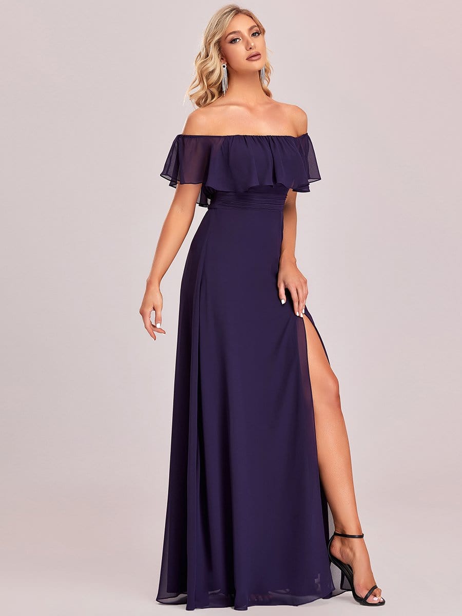 Women's Off Shoulder Ruffle Thigh Split Bridesmaid Dresses #Color_Dark Purple