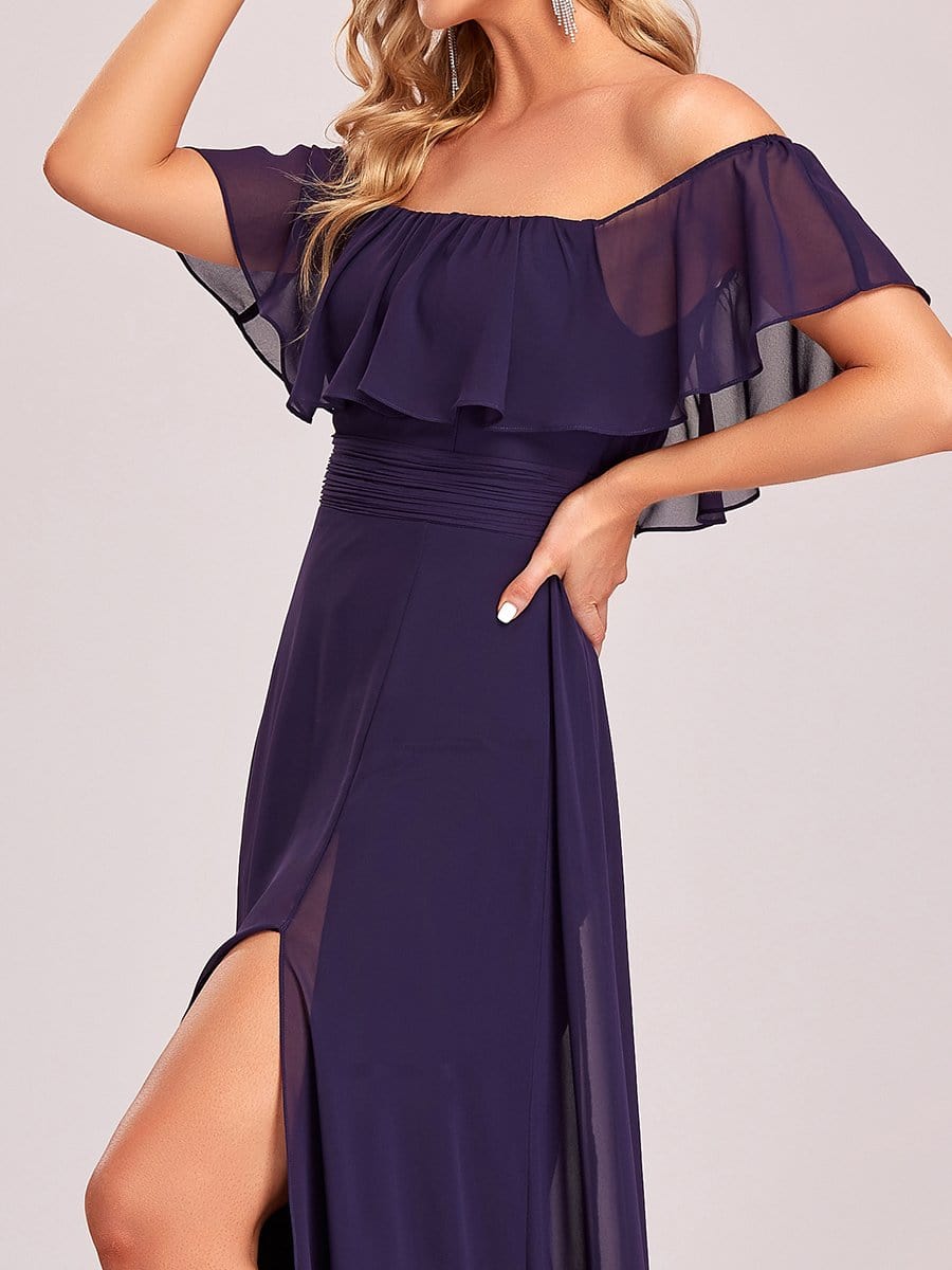 Women's Off Shoulder Ruffle Thigh Split Bridesmaid Dresses #Color_Dark Purple