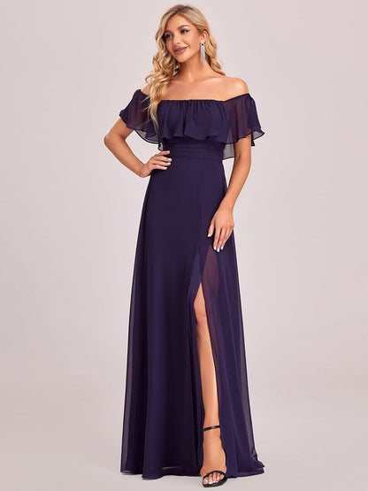 Women's Off Shoulder Ruffle Thigh Split Bridesmaid Dresses #Color_Dark Purple