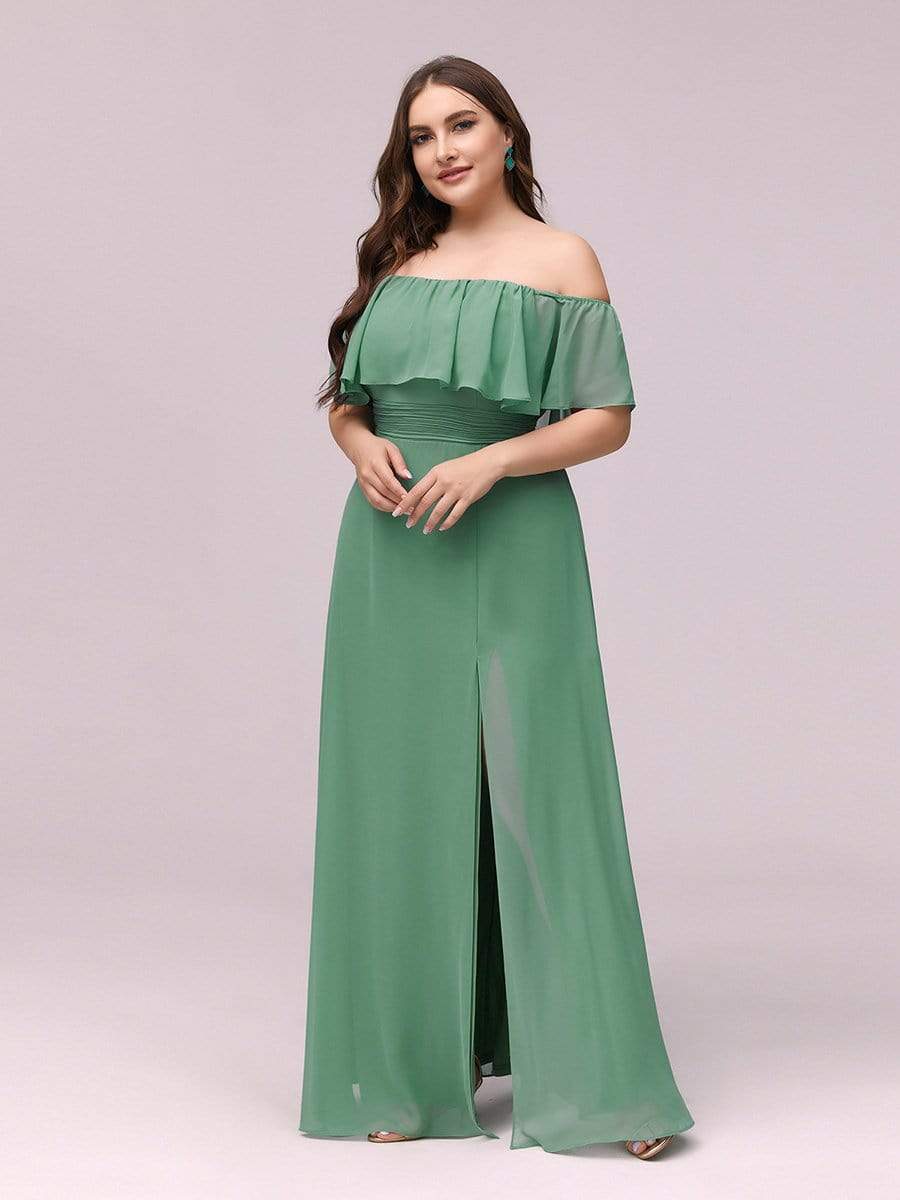 Plus Size Sexy Side Split Long Chiffon Formal Dresses #Color_Green Bean