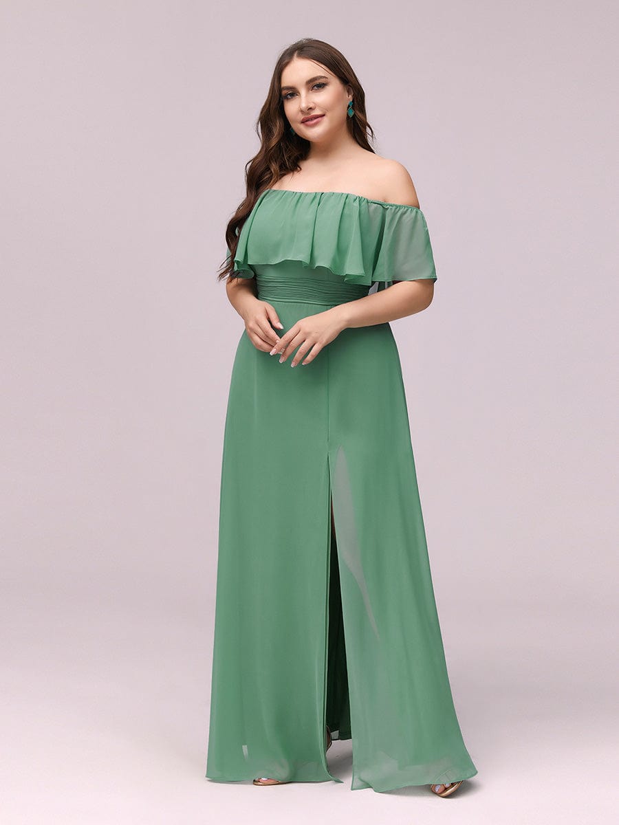 Custom Size Chiffon Ruffle Off Shoulder Thigh Split Bridesmaid Dresses #color_Green Bean