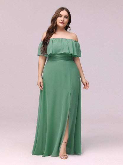 Plus Size Sexy Side Split Long Chiffon Formal Dresses #Color_Green Bean