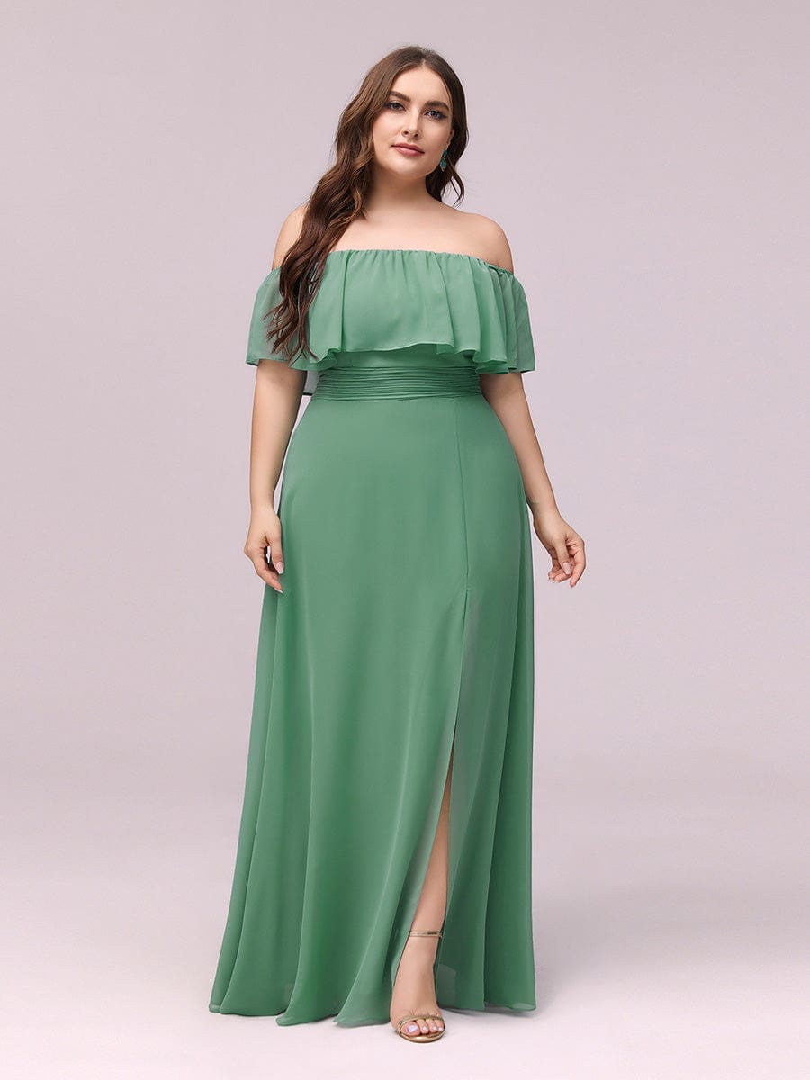 Custom Size Chiffon Ruffle Off Shoulder Thigh Split Bridesmaid Dresses #color_Green Bean