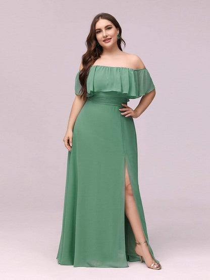 Plus Size Sexy Side Split Long Chiffon Formal Dresses #Color_Green Bean