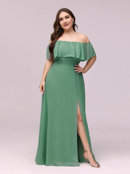 Custom Size Chiffon Ruffle Off Shoulder Thigh Split Bridesmaid Dresses #color_Green Bean