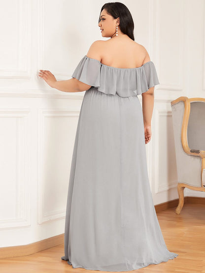 Ruffle Off-Shoulder Side Slit Long Chiffon Bridesmaid Dress #Color_Grey