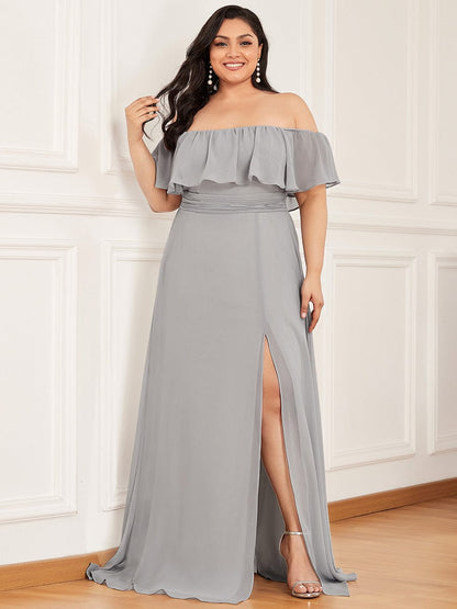 Ruffle Off-Shoulder Side Slit Long Chiffon Bridesmaid Dress #Color_Grey