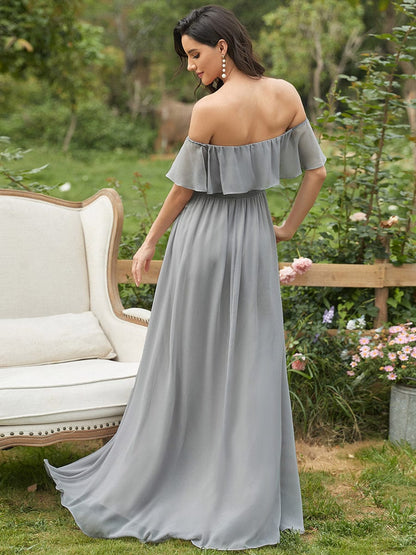 Ruffle Off-Shoulder Side Slit Long Chiffon Bridesmaid Dress #Color_Grey