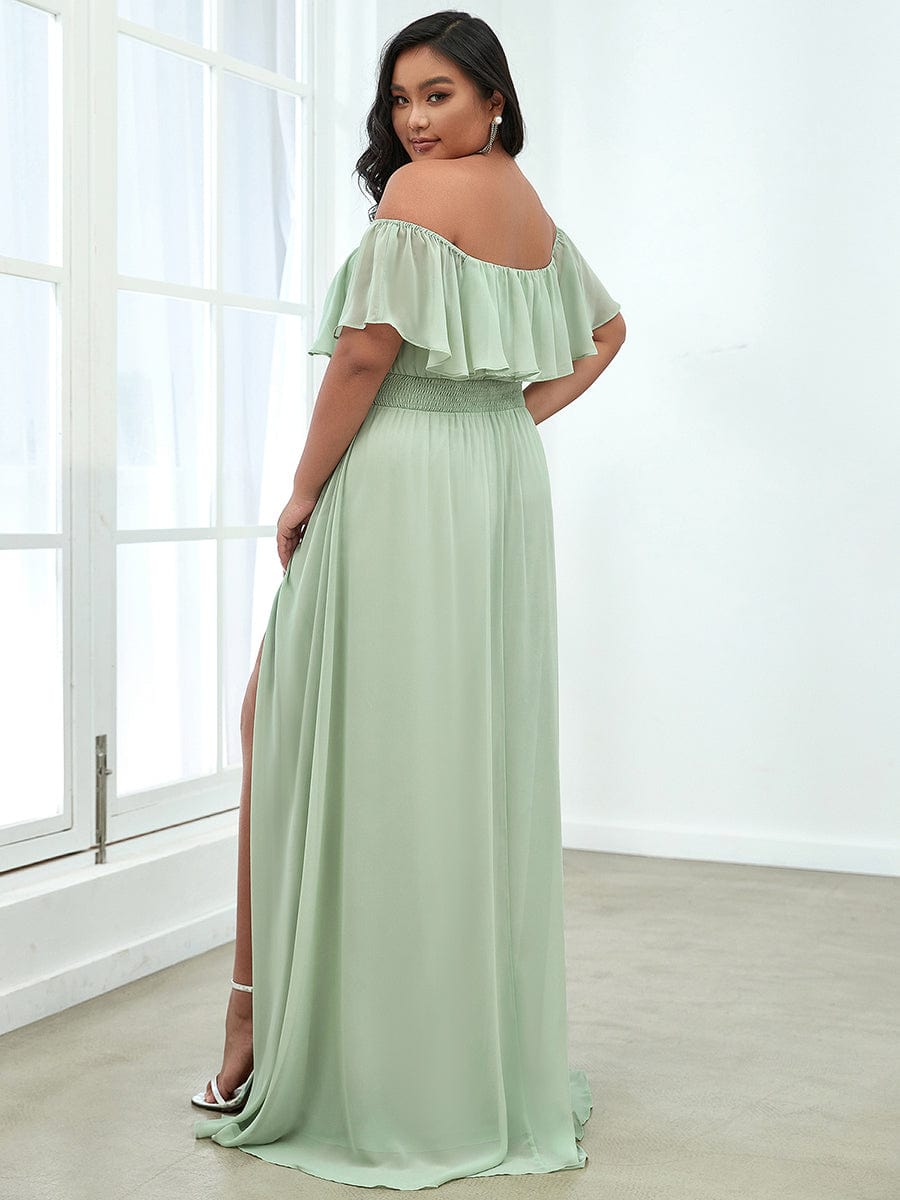 Custom Size Chiffon Ruffle Off Shoulder Thigh Split Bridesmaid Dresses #color_Mint Green