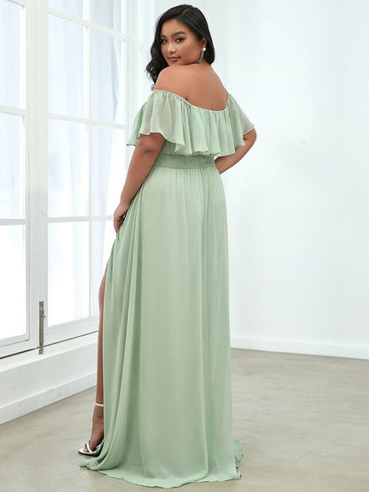 Custom Size Chiffon Ruffle Off Shoulder Thigh Split Bridesmaid Dresses #color_Mint Green