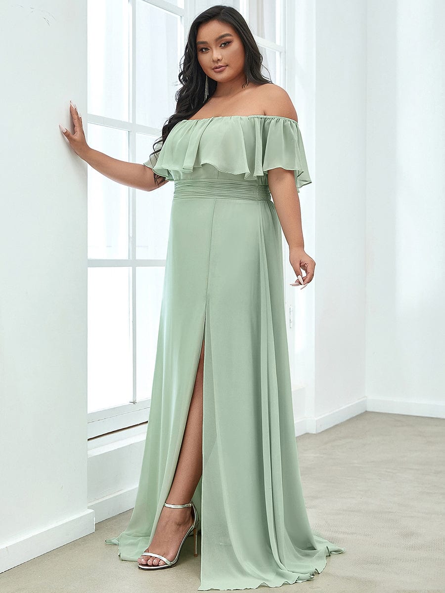 Custom Size Chiffon Ruffle Off Shoulder Thigh Split Bridesmaid Dresses #color_Mint Green