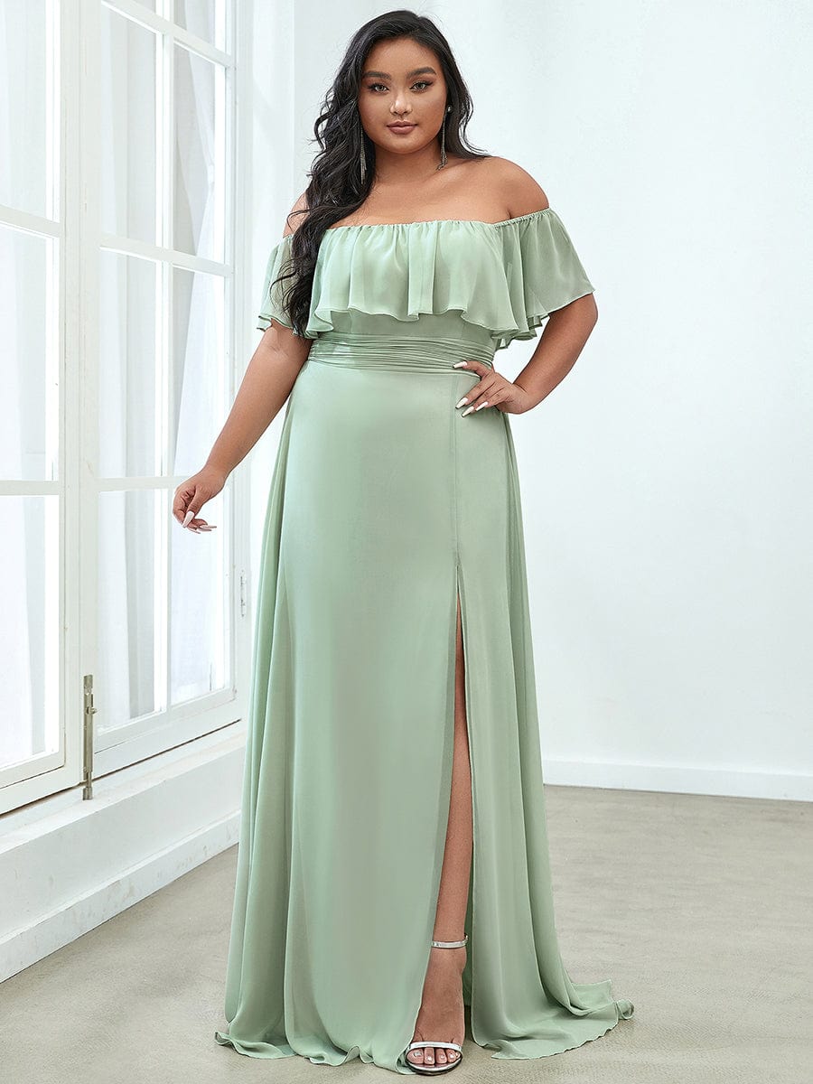 Custom Size Chiffon Ruffle Off Shoulder Thigh Split Bridesmaid Dresses #color_Mint Green