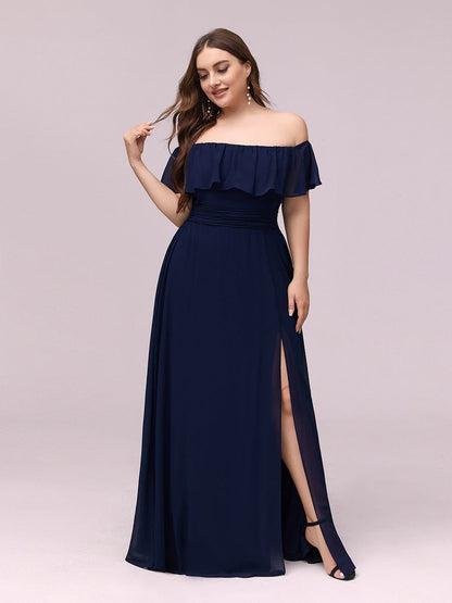 Custom Size Chiffon Ruffle Off Shoulder Thigh Split Bridesmaid Dresses #color_Navy Blue