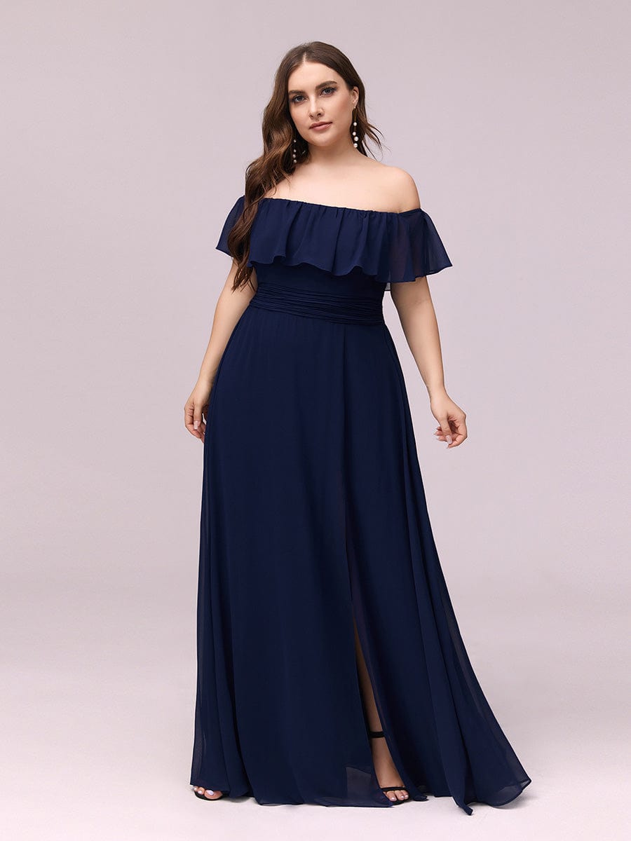 Custom Size Chiffon Ruffle Off Shoulder Thigh Split Bridesmaid Dresses #color_Navy Blue