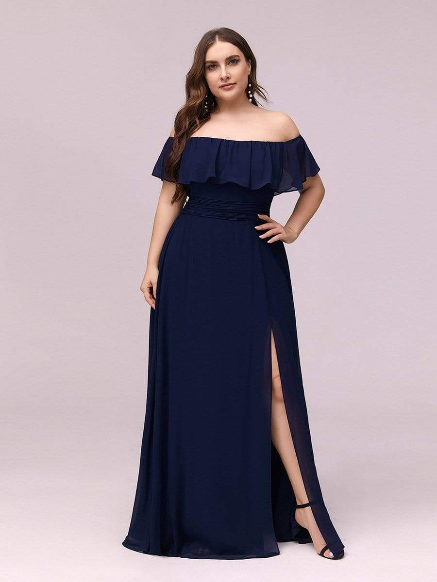 Women's Off Shoulder Ruffle Thigh Split Bridesmaid Dresses #Color_Navy Blue