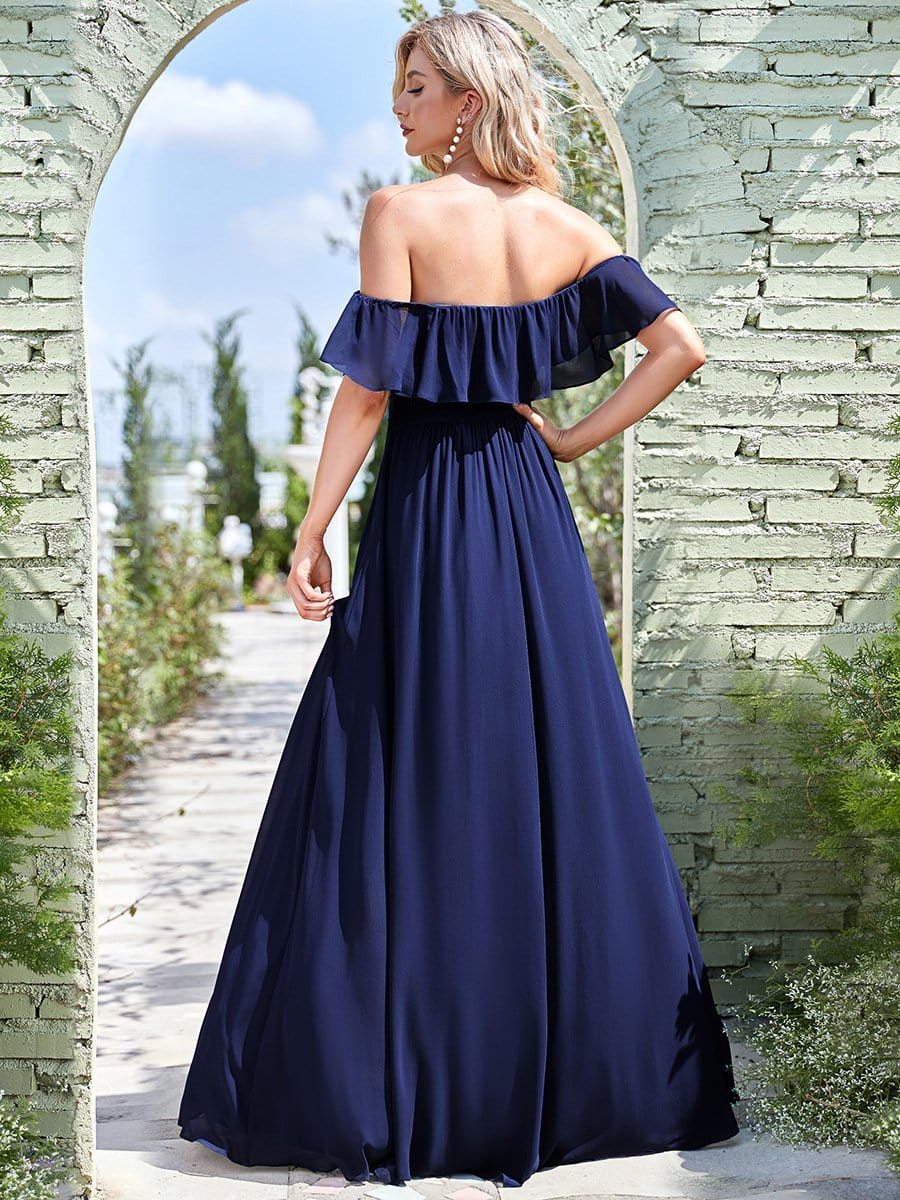 Women's Off Shoulder Ruffle Thigh Split Bridesmaid Dresses #Color_Navy Blue