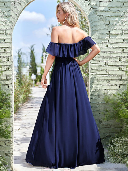 Women's Off Shoulder Ruffle Thigh Split Bridesmaid Dresses #Color_Navy Blue