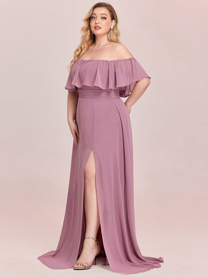 Custom Size Chiffon Ruffle Off Shoulder Thigh Split Bridesmaid Dresses #color_Purple Orchid