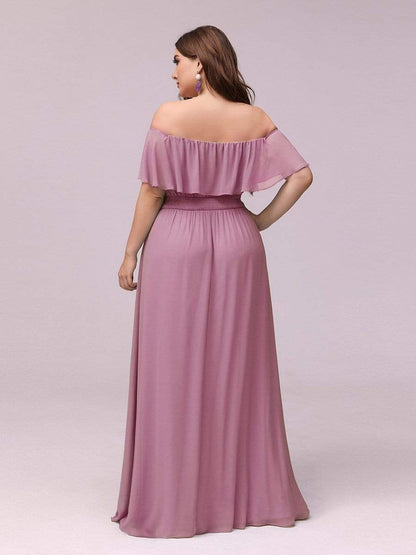 Women's Off Shoulder Ruffle Thigh Split Bridesmaid Dresses #Color_Purple Orchid