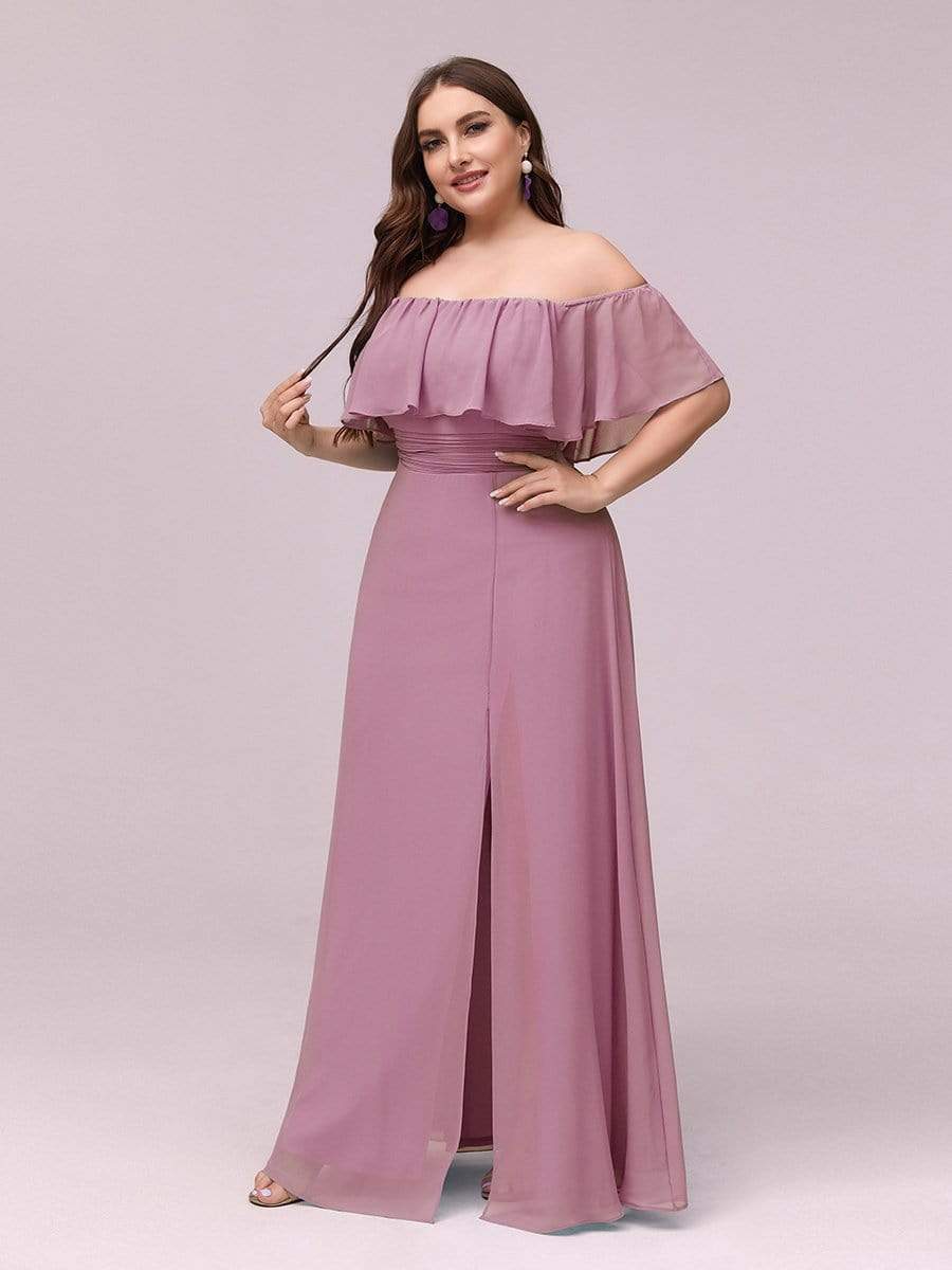 Women's Off Shoulder Ruffle Thigh Split Bridesmaid Dresses #Color_Purple Orchid