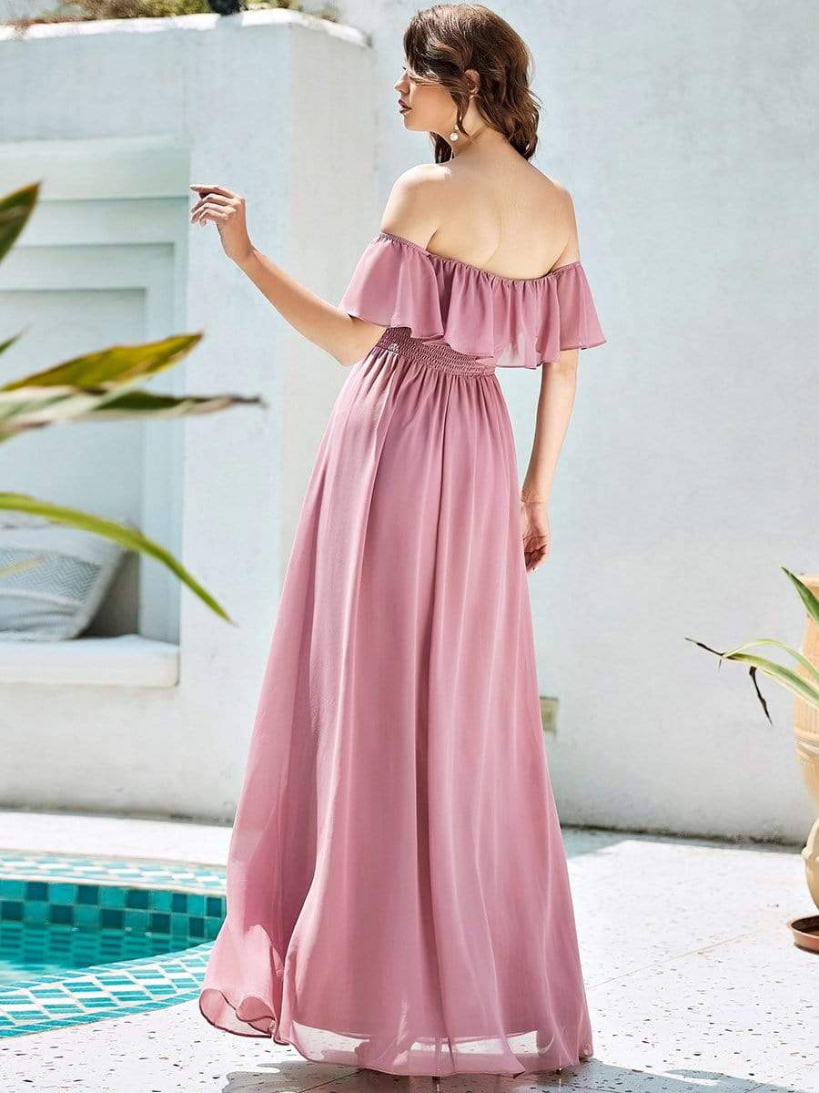 Women's Off Shoulder Ruffle Thigh Split Bridesmaid Dresses #Color_Purple Orchid