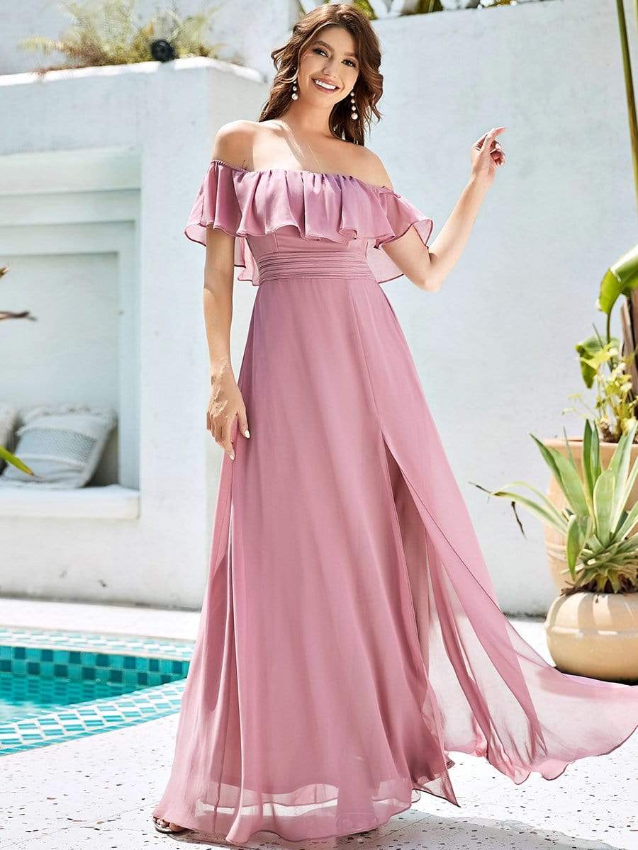 Women's Off Shoulder Ruffle Thigh Split Bridesmaid Dresses #Color_Purple Orchid