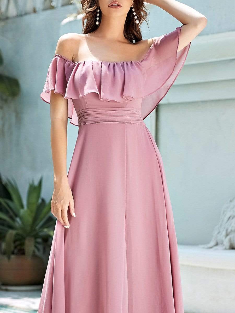 Women's Off Shoulder Ruffle Thigh Split Bridesmaid Dresses #Color_Purple Orchid