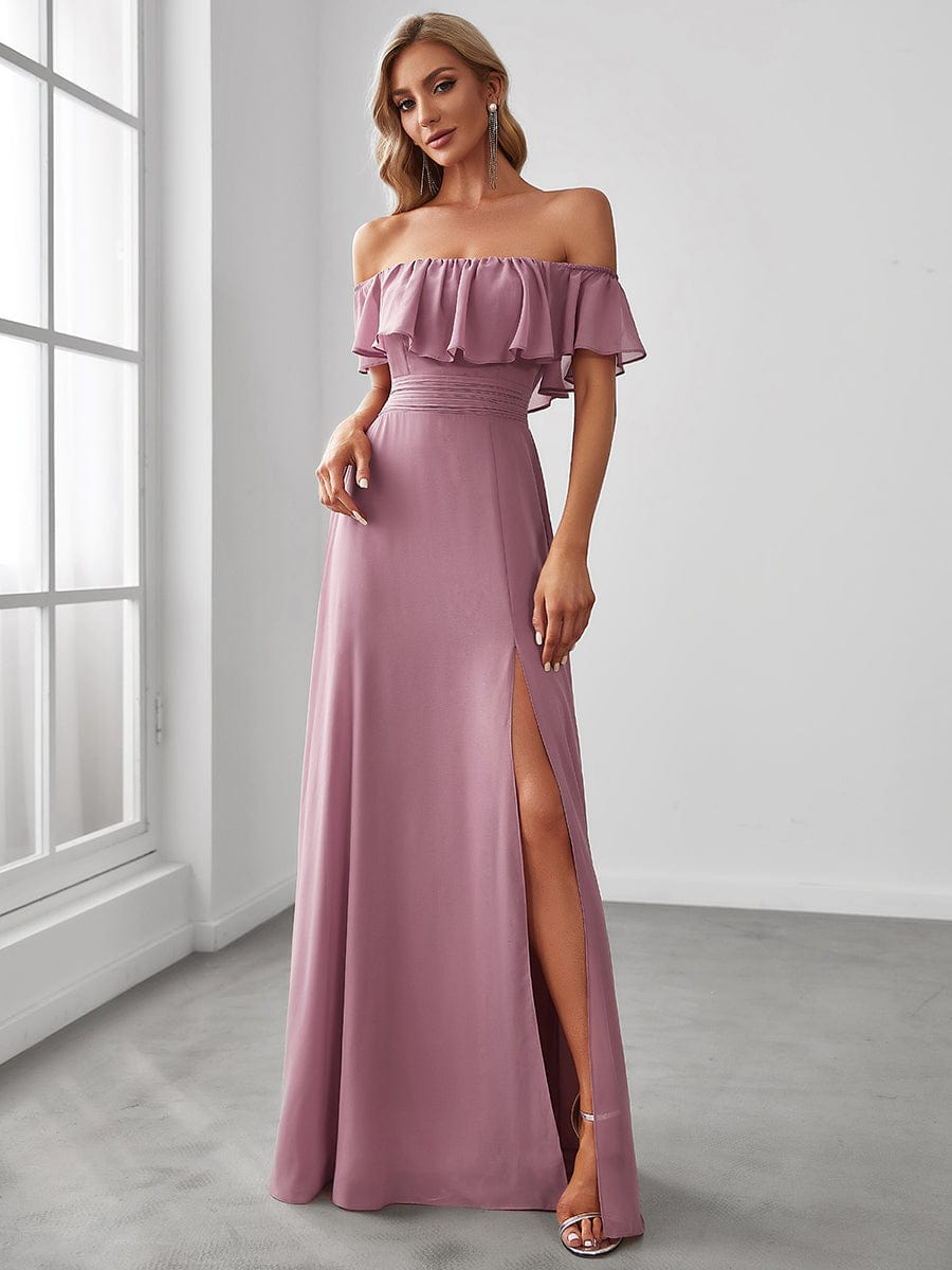 Women's Off Shoulder Ruffle Thigh Split Bridesmaid Dresses #Color_Purple Orchid