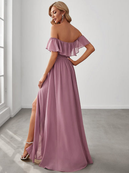 Women's Off Shoulder Ruffle Thigh Split Bridesmaid Dresses #Color_Purple Orchid