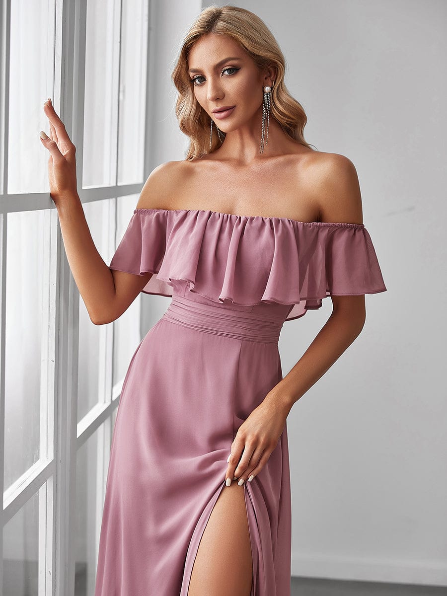 Women's Off Shoulder Ruffle Thigh Split Bridesmaid Dresses #Color_Purple Orchid