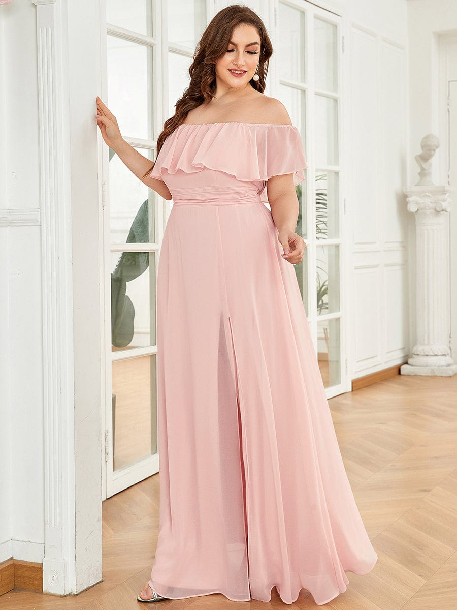 Custom Size Chiffon Ruffle Off Shoulder Thigh Split Bridesmaid Dresses #color_Pink