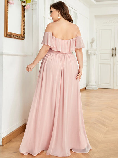 Custom Size Chiffon Ruffle Off Shoulder Thigh Split Bridesmaid Dresses #color_Pink