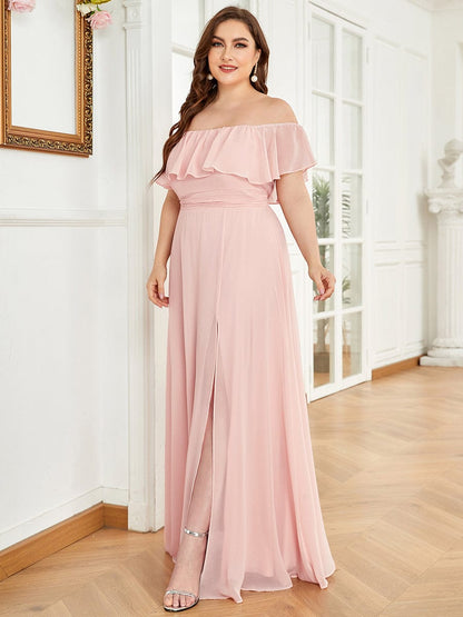 Custom Size Chiffon Ruffle Off Shoulder Thigh Split Bridesmaid Dresses #color_Pink