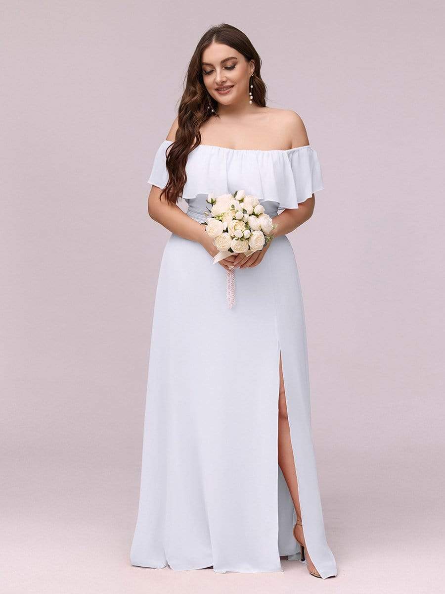 Women's Off Shoulder Ruffle Thigh Split Bridesmaid Dresses #Color_White