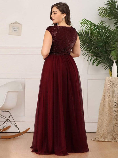 Floor Length Deep V Neck Sequin Prom Dresses for Women #color_Burgundy 