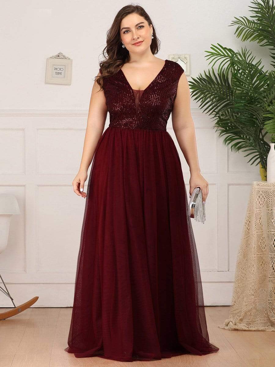 Floor Length Deep V Neck Sequin Prom Dresses for Women #color_Burgundy 