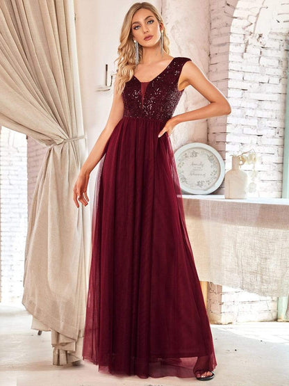 Floor Length Deep V Neck Sequin Prom Dresses for Women